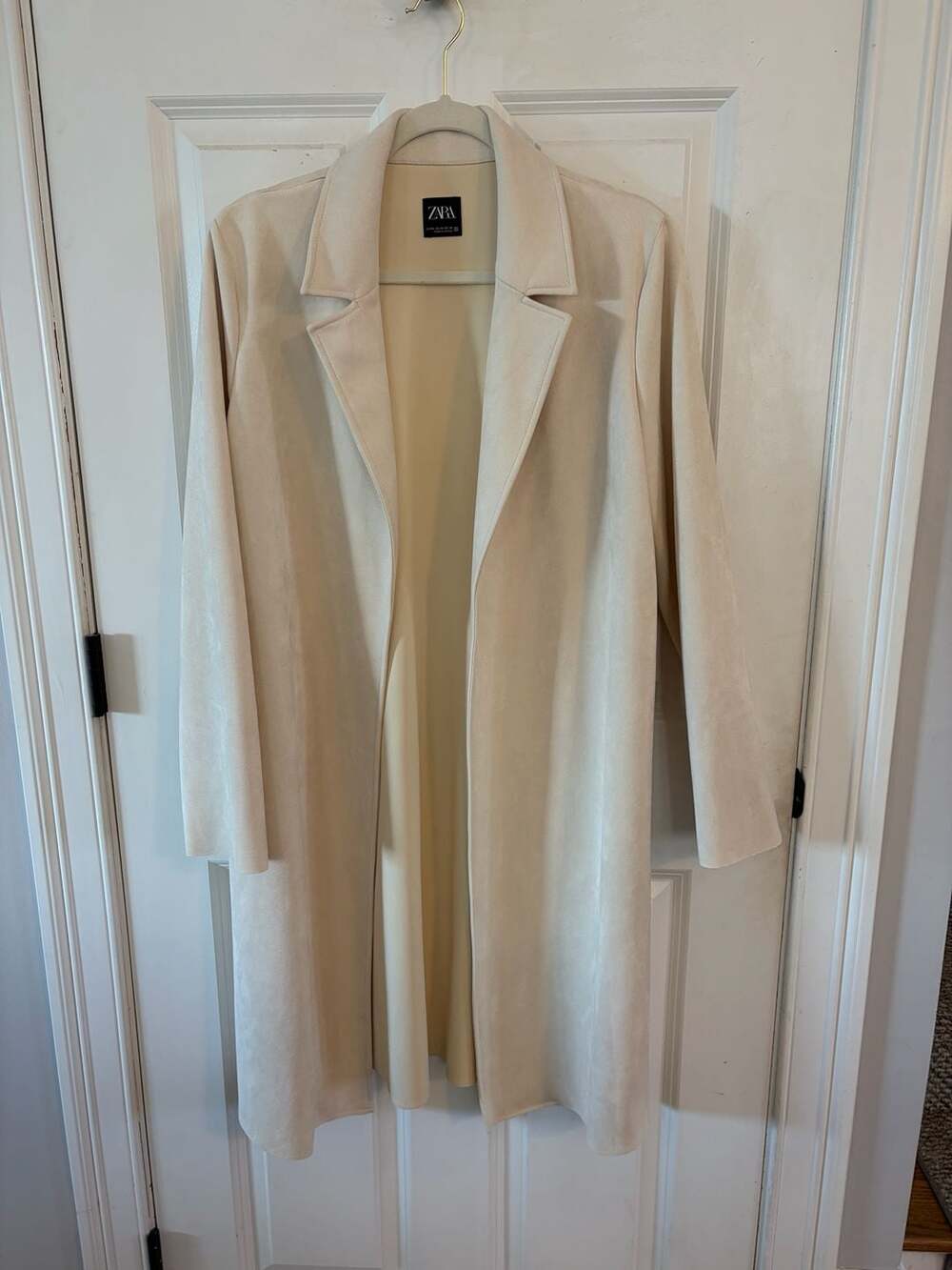 Zara Faux Suede Coat Size M Beige Long Lapel Trench Jacket